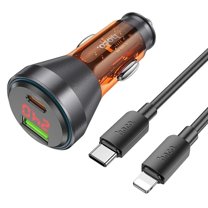 Hoco Nz12b Unimpeded Pd48w Usb + Type-c Araç Çakmaklı Hızlı Şarj Aleti + Type-c To İphone Kablo