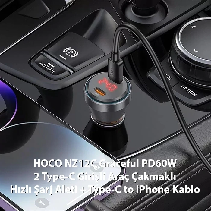 Hoco Nz12c Graceful Pd60w 2 Type-c Girişli Araç Çakmaklı Hızlı Şarj Aleti + Type-c To İphone Kablo