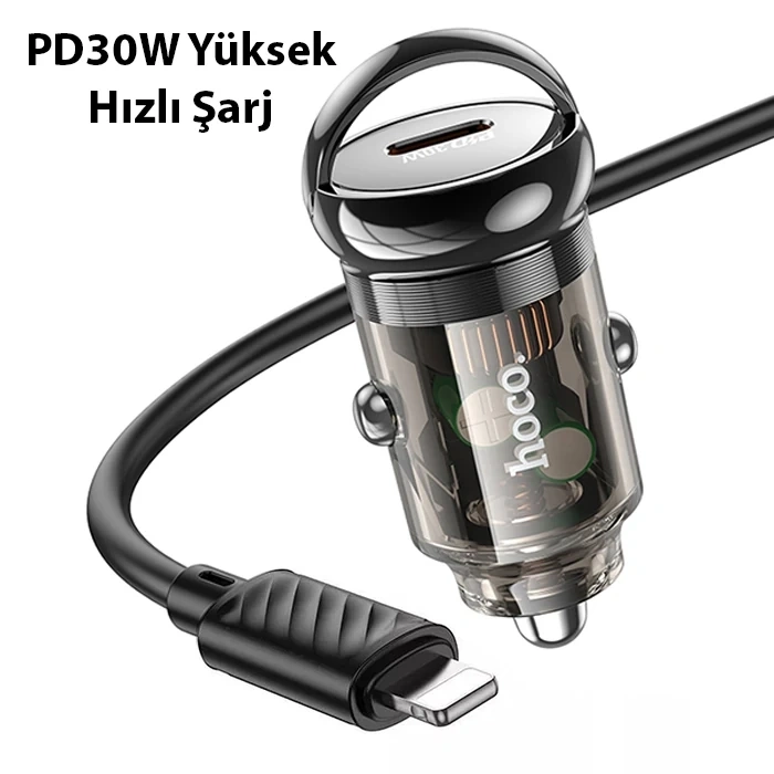 Hoco Z53 Sight Single Pd30w Type-c Girişli Araç Çakmaklık Hızlı Şarj Aleti + Type-c To İphone Lightn