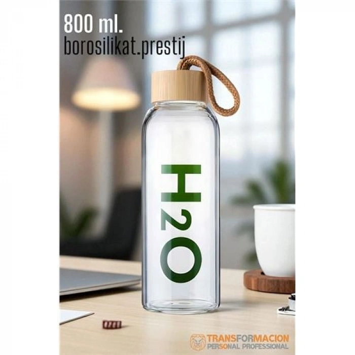 Hsnet Cam Matara - 800 Ml Bambu Kapaklı Borosilikat Cam Matara - Ofis Matarası