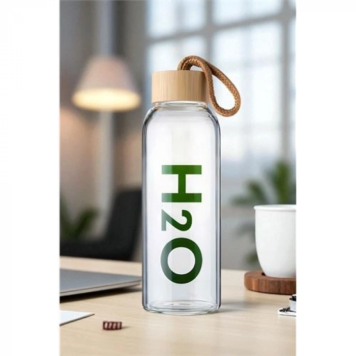 Hsnet Cam Matara - 800 Ml Bambu Kapaklı Borosilikat Cam Matara - Ofis Matarası