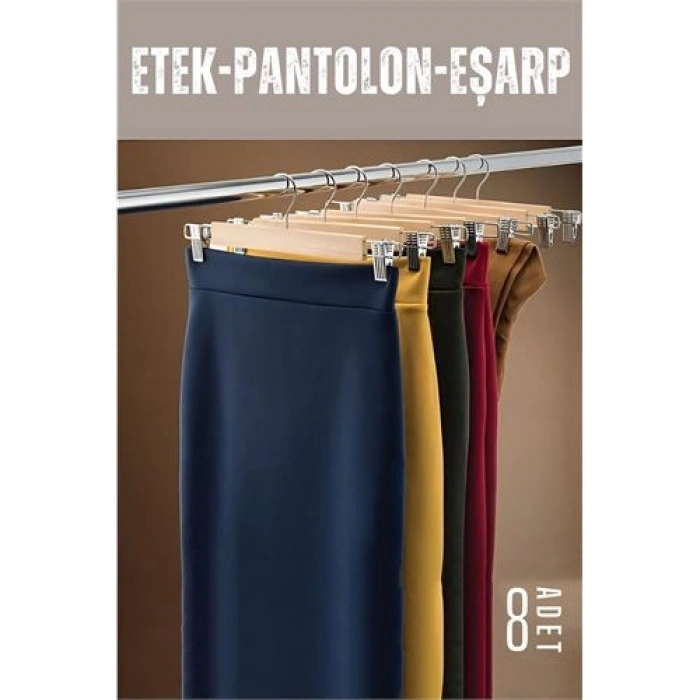 Hsnet Etek Pantolon Eşarp Kıskaçlı Askı 8 Adet Ahşap