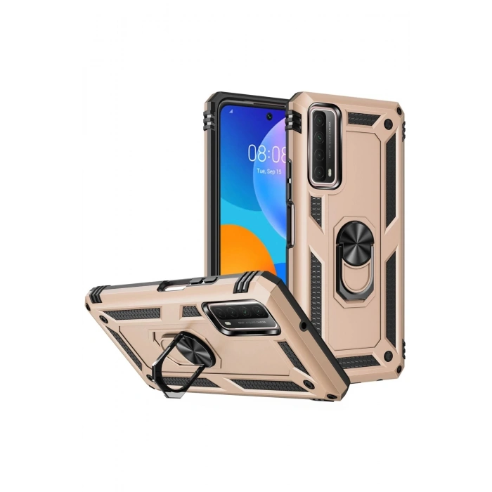 Huawei P Smart 2021 Kılıf Sofya Yüzüklü Silikon Kapak - Gold