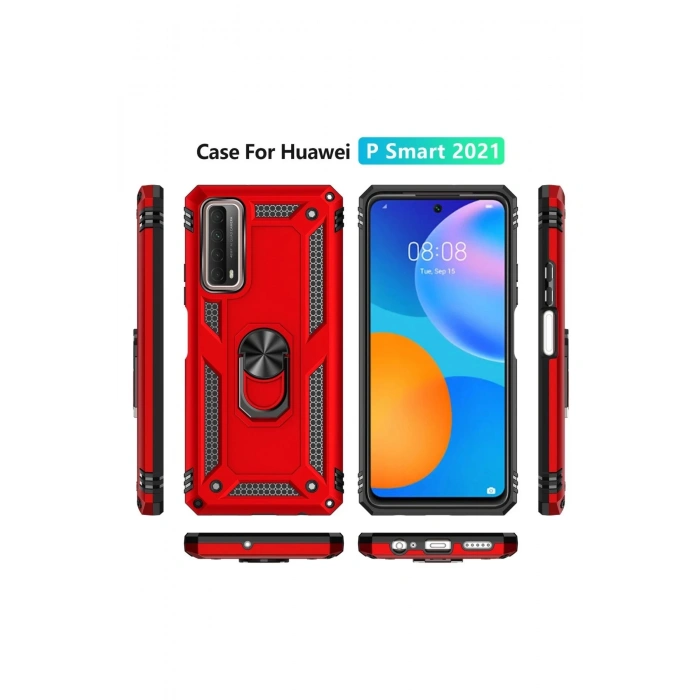 Huawei P Smart 2021 Kılıf Sofya Yüzüklü Silikon Kapak - Kırmızı