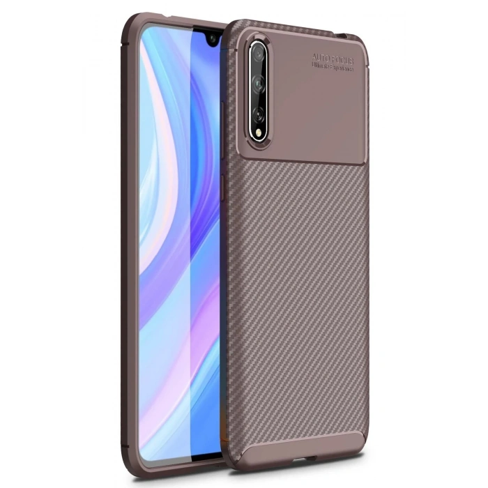 Huawei P Smart S Kılıf Auto Focus Karbon Kapak - Kahverengi
