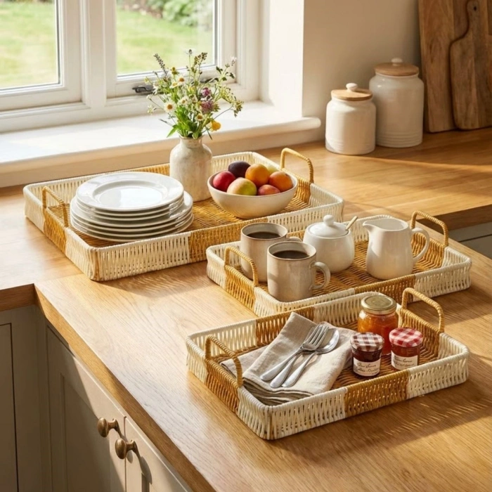 İç İçe Geçebilen 3’lü Dikdörtgen Plastik Rattan Tepsi Seti–Çift Renkli Hasır Görünümlü Çok Amaçlı Servis ve Sunum Tepsileri (4887)