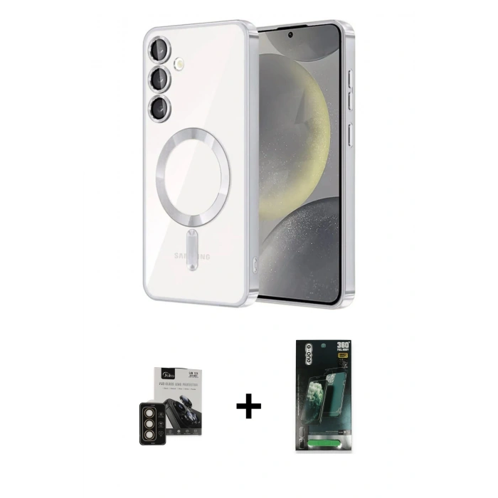 MARSİLYAN™- Galaxy S24 Kılıf Nova Işık Özel Seri - Şeffaf 360 Full Body Arka Koruyucu + PVD Metal Kamera Lens - GD