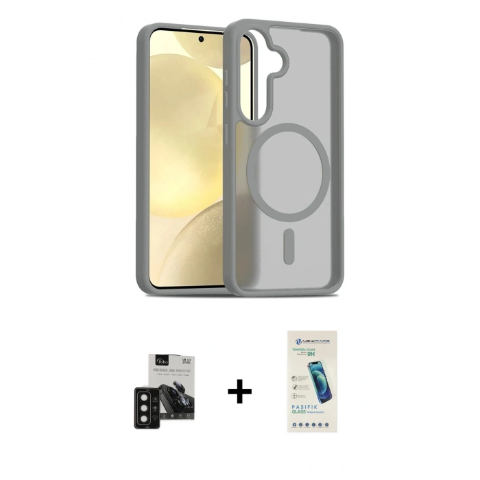 MARSİLYAN™- Galaxy S24 Kılıf Siluet Minimal Prime - Şeffaf Pasifik Cam Ekran Koruyucu + PVD Metal Kamera Lens - SH