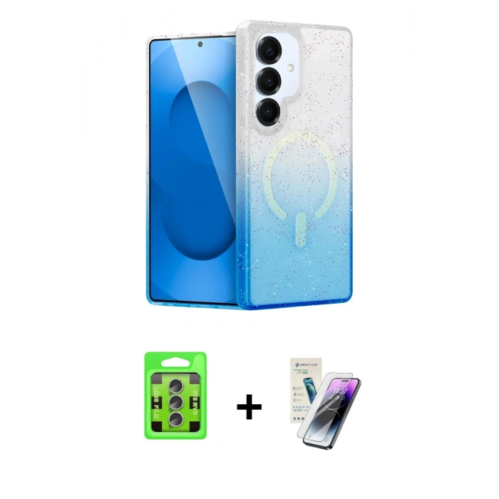 ieg™ Galaxy S25 Plus Kılıf Eksen Minimal Özel Seri - Şeffaf Pasifik Cam Ekran Koruyucu + Lacivert-Mavi Raze Metal Kamera Lens