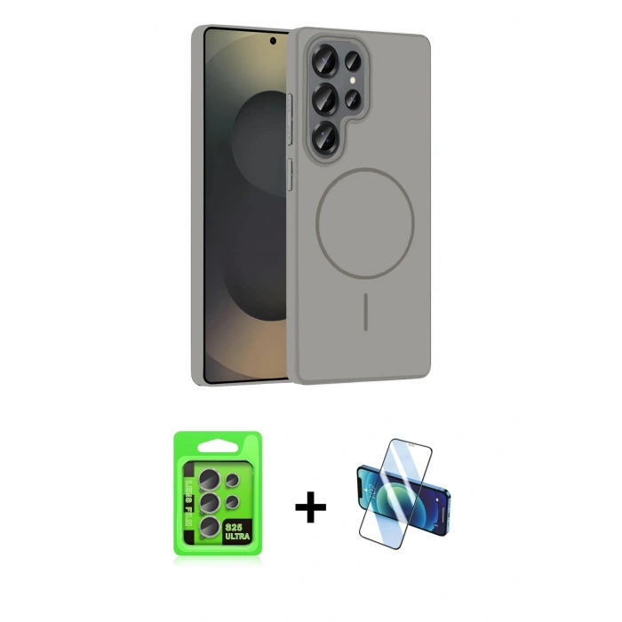 ieg™ Galaxy S25 Ultra Kılıf Siluet Doku Özel Seri - Siyah 3D Antistatik Cam Ekran Koruyucu + Natural Grey Raze Metal Kamera Lens