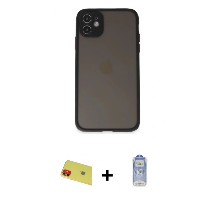 ieg™ iPhone 11 Kılıf Ahenk Çizgi Serisi - Siyah Joko Magic 5D Cam + Kırmızı Rainbow Kamera Lens Koruma Cam