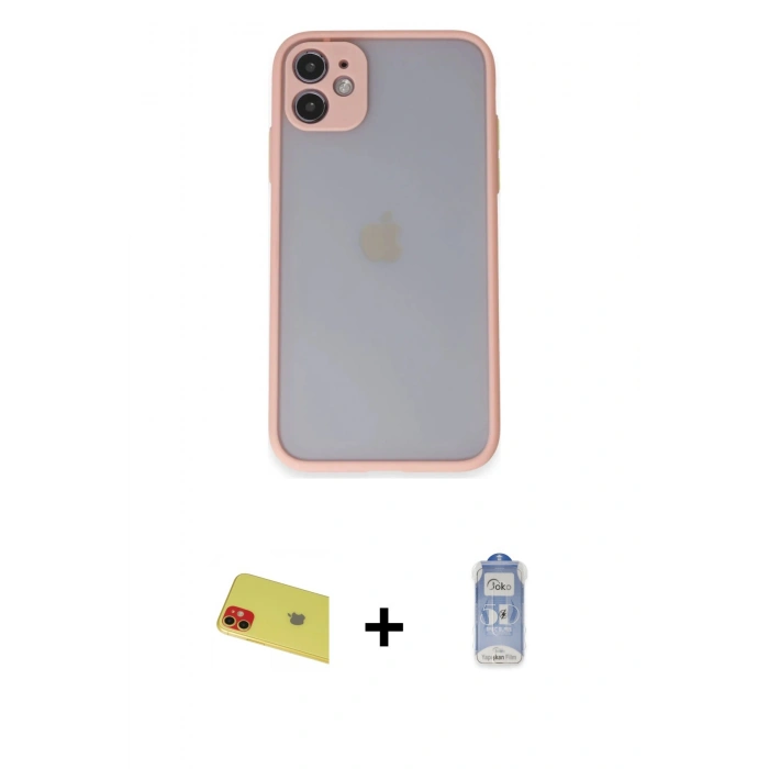 ieg™ iPhone 11 Kılıf Ahenk Çizgi Serisi - Siyah Joko Magic 5D Cam + Kırmızı Rainbow Kamera Lens Koruma Cam