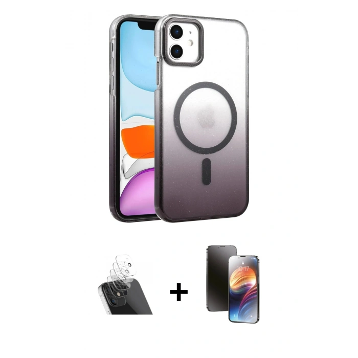 ieg™ iPhone 11 Kılıf Ahenk Doku Özel Seri - Siyah 3D Antistatik Mat Seramik Nano Ekran Koruyucu + Şeffaf Kamera Lens Koruma Cam