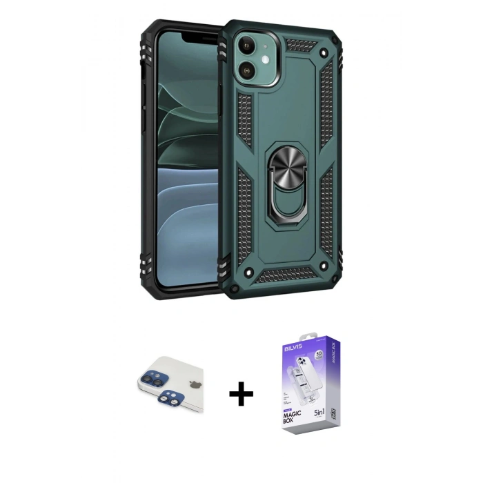 ieg™ iPhone 11 Kılıf Ahenk Klasik Koleksiyonu - Siyah Bilvis 5in1 3D Magic Cam Ekran Koruyucu + Lacivert Pers Alüminyum Kamera Lens