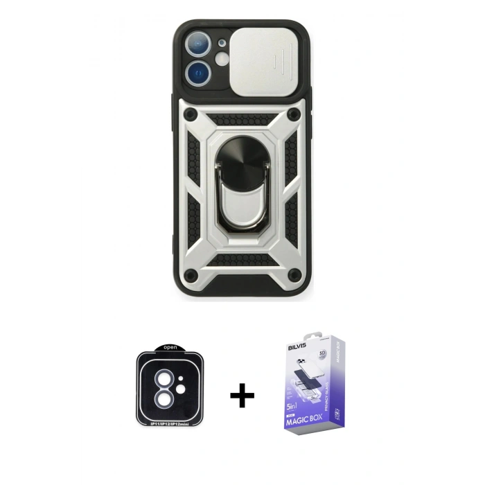 ieg™ iPhone 11 Kılıf Ahenk Klasik - Siyah Bilvis 5in1 5D Magic Hayalet Cam Ekran Koruyucu + Mavi PVD Metal Kamera Lens