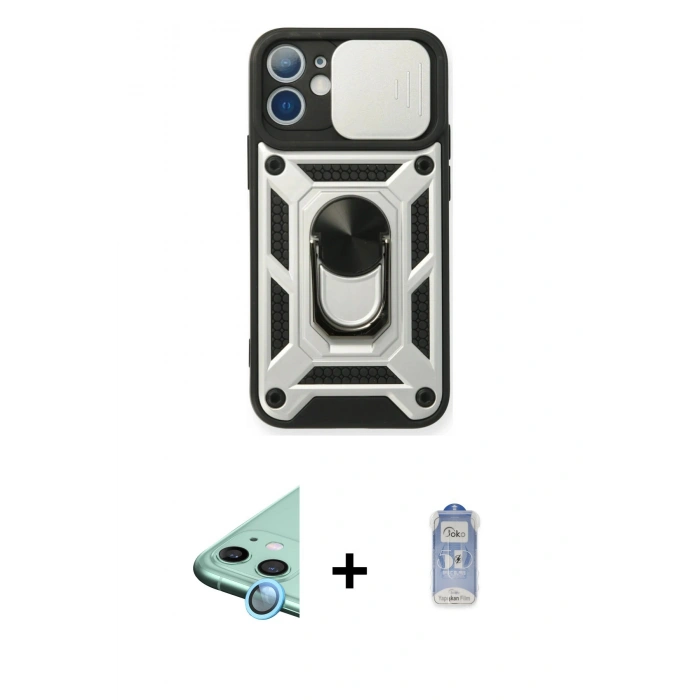 ieg™ iPhone 11 Kılıf Ahenk Klasik - Siyah Joko Magic 5D Cam + Mavi Raze Metal Kamera Lens