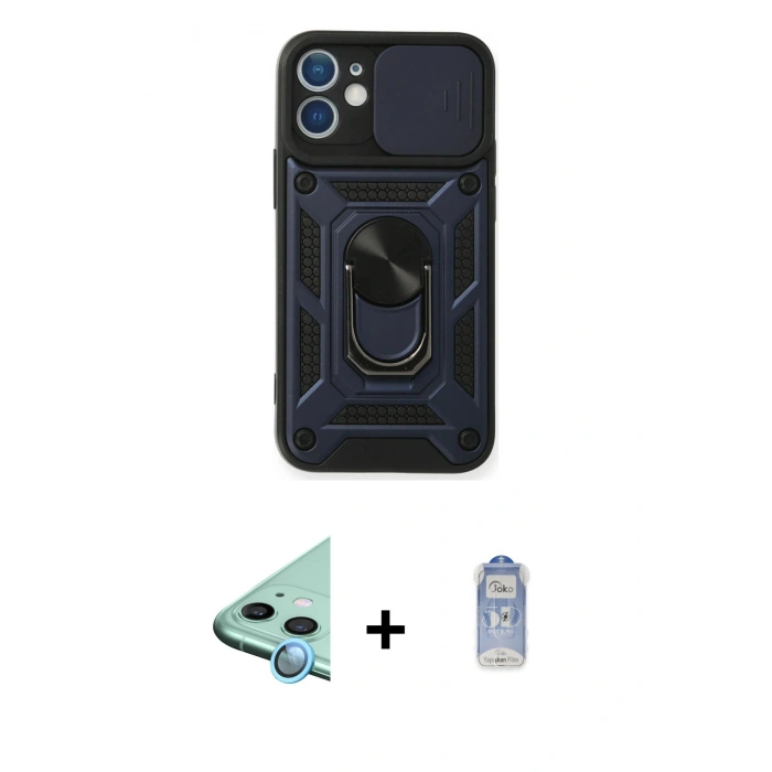ieg™ iPhone 11 Kılıf Ahenk Klasik - Siyah Joko Magic 5D Cam + Mavi Raze Metal Kamera Lens