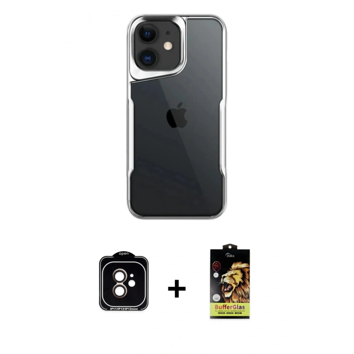 ieg™ iPhone 11 Kılıf Akış Çizgi Koleksiyonu - Siyah Buffer Cam Ekran Koruyucu + Turuncu PVD Metal Kamera Lens