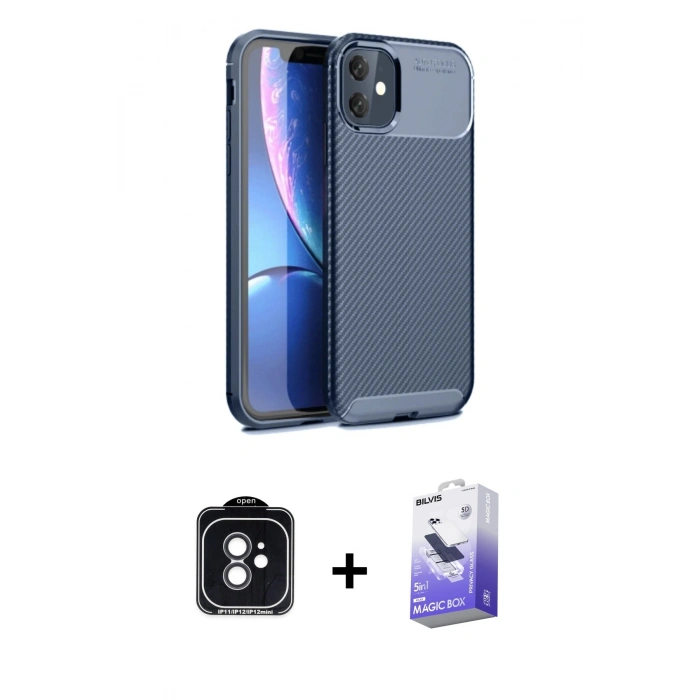 ieg™ iPhone 11 Kılıf Eksen Form Prime - Siyah Bilvis 5in1 5D Magic Hayalet Cam Ekran Koruyucu + Siyah PVD Metal Kamera Lens
