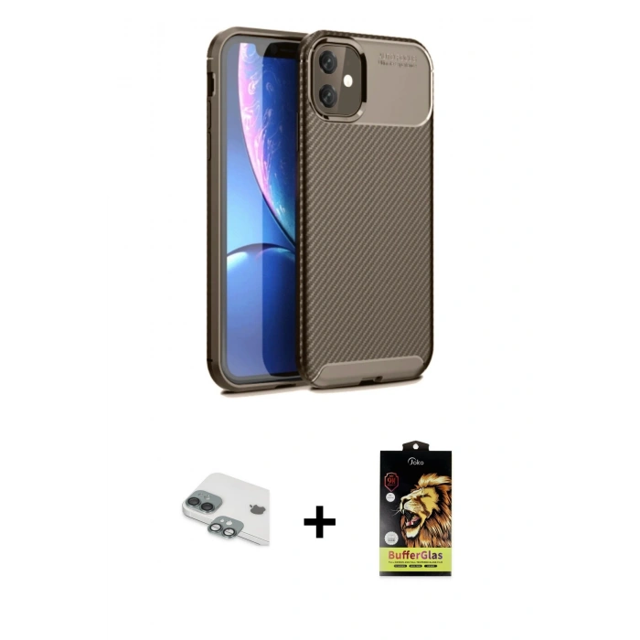 ieg™ iPhone 11 Kılıf Eksen Form Prime - Siyah Buffer Cam Ekran Koruyucu + Yeşil Pers Alüminyum Kamera Lens