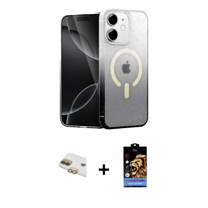 ieg™ iPhone 11 Kılıf Eksen Minimal Özel Seri - Siyah Buffer Hayalet Cam Ekran Koruyucu + Gold Pers Alüminyum Kamera Lens