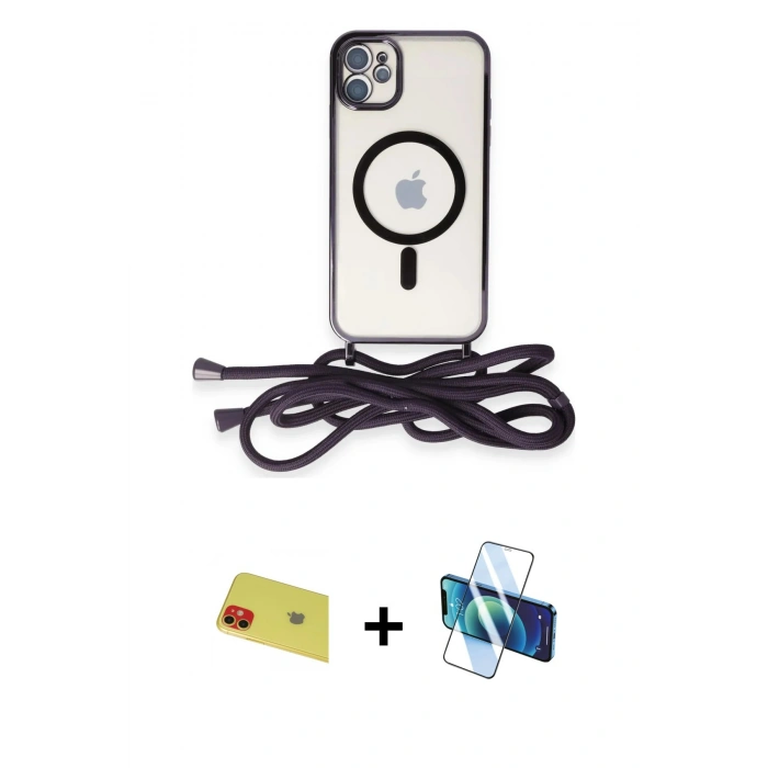 ieg™ iPhone 11 Kılıf Eksen Özel Seri - Siyah 3D Antistatik Seramik Nano Ekran Koruyucu + Kırmızı Rainbow Kamera Lens Koruma Cam