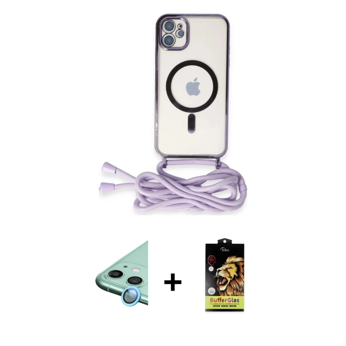 ieg™ iPhone 11 Kılıf Eksen Özel Seri - Siyah Buffer Cam Ekran Koruyucu + Mavi Raze Metal Kamera Lens
