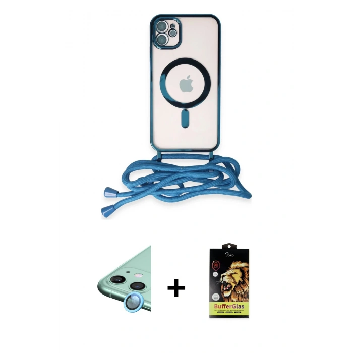 ieg™ iPhone 11 Kılıf Eksen Özel Seri - Siyah Buffer Cam Ekran Koruyucu + Mavi Raze Metal Kamera Lens
