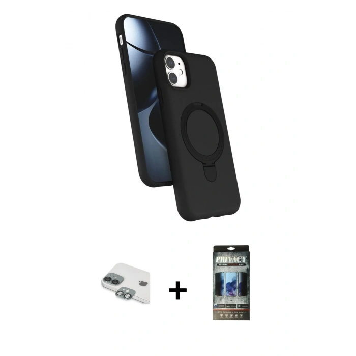 MARSİLYAN™- iPhone 11 Kılıf İz Işık Koleksiyonu - Siyah 34D Hayalet Izgaralı Cam + Pers Alüminyum Kamera Lens - YL