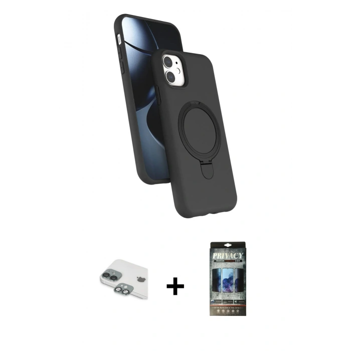 MARSİLYAN™- iPhone 11 Kılıf İz Işık Koleksiyonu - Siyah 34D Hayalet Izgaralı Cam + Pers Alüminyum Kamera Lens - YL
