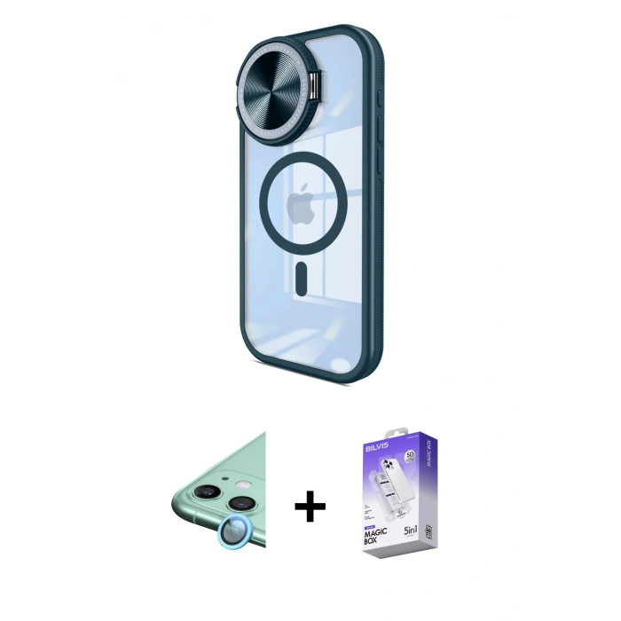 ieg™ iPhone 11 Kılıf Kıvılcım Modern Koleksiyonu - Siyah Bilvis 5in1 3D Magic Cam Ekran Koruyucu + Mavi Raze Metal Kamera Lens