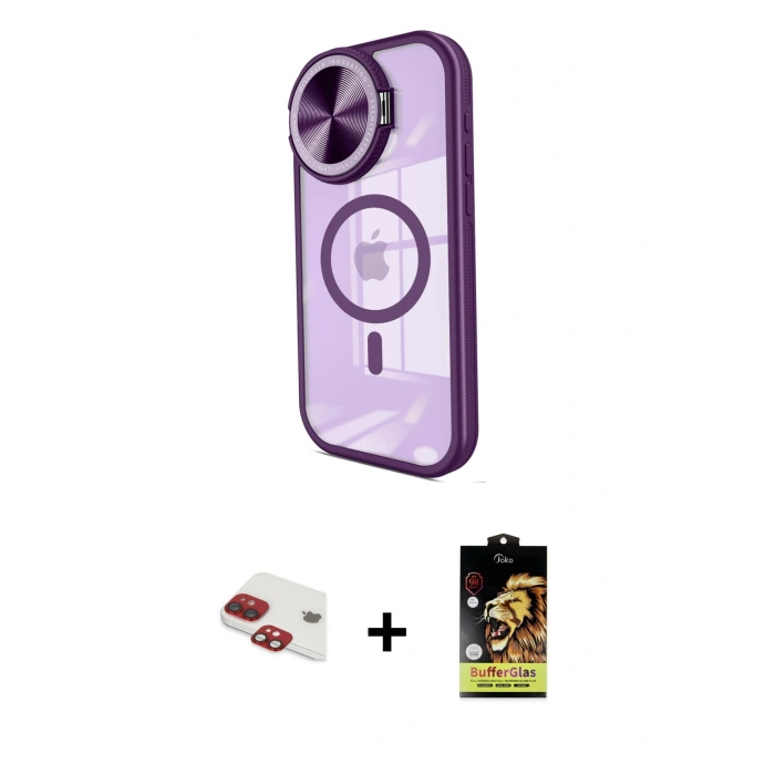 ieg™ iPhone 11 Kılıf Kıvılcım Modern Koleksiyonu - Siyah Buffer Cam Ekran Koruyucu + Kırmızı Pers Alüminyum Kamera Lens