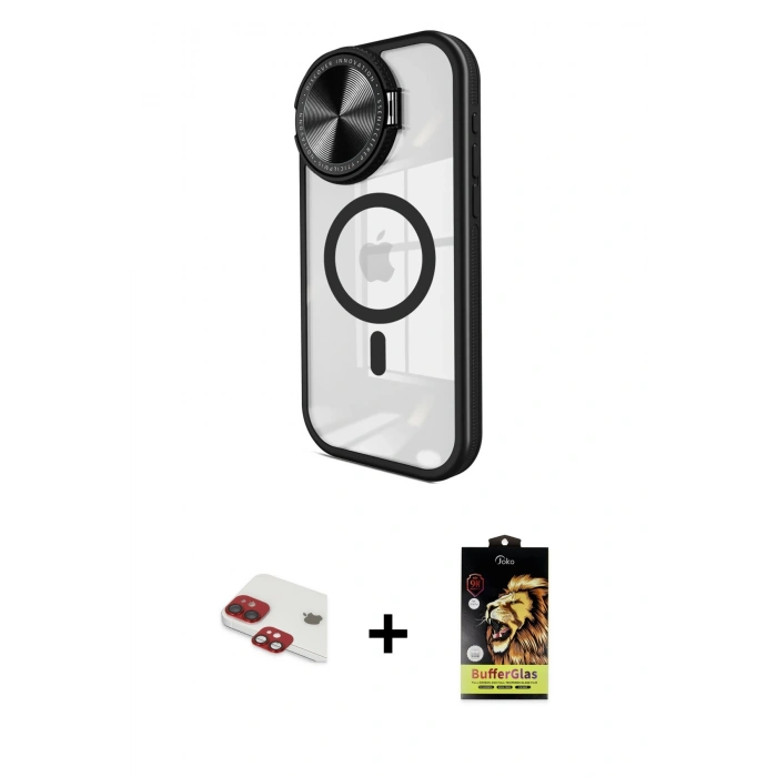 ieg™ iPhone 11 Kılıf Kıvılcım Modern Koleksiyonu - Siyah Buffer Cam Ekran Koruyucu + Kırmızı Pers Alüminyum Kamera Lens