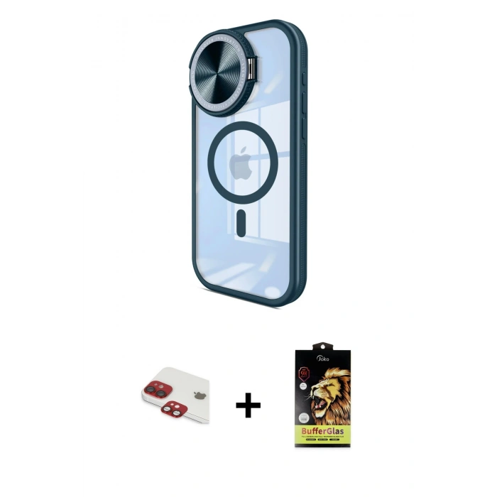 ieg™ iPhone 11 Kılıf Kıvılcım Modern Koleksiyonu - Siyah Buffer Cam Ekran Koruyucu + Kırmızı Pers Alüminyum Kamera Lens