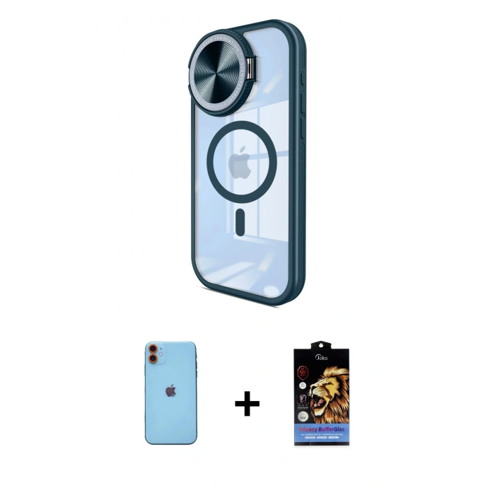 ieg™ iPhone 11 Kılıf Kıvılcım Modern Koleksiyonu - Siyah Buffer Hayalet Cam Ekran Koruyucu + Turuncu Neon Fosforlu Kamera Lens