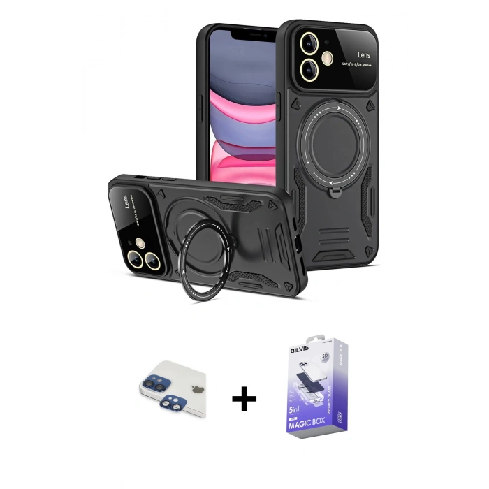 ieg™ iPhone 11 Kılıf Kıvılcım Modern Serisi - Siyah Bilvis 5in1 5D Magic Hayalet Cam Ekran Koruyucu + Lacivert Pers Alüminyum Kamera Lens