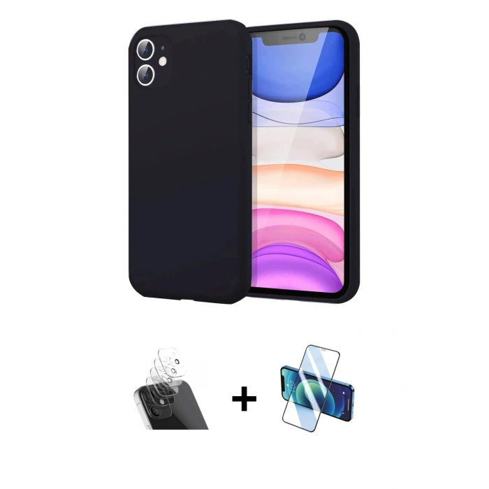 MARSİLYAN™- iPhone 11 Kılıf Kozmos Yansıma Özel Seri - Siyah 3D Antistatik Cam Ekran Koruyucu + Kamera Lens Koruma Cam - SF
