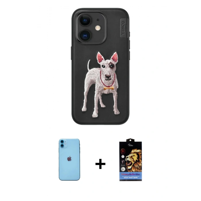 ieg™ iPhone 11 Kılıf Nova Form Koleksiyonu - Siyah Buffer Hayalet Cam Ekran Koruyucu + Mavi Neon Fosforlu Kamera Lens