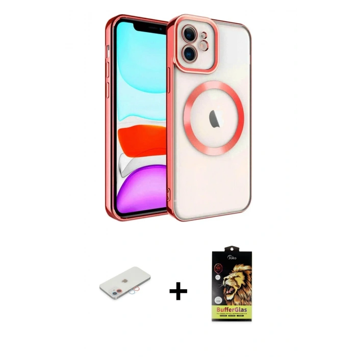 ieg™ iPhone 11 Kılıf Nova Işık Özel Seri - Siyah Buffer Cam Ekran Koruyucu + Pembe Renkli Kamera Lens Koruma Cam