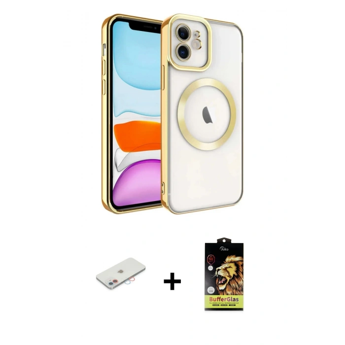 ieg™ iPhone 11 Kılıf Nova Işık Özel Seri - Siyah Buffer Cam Ekran Koruyucu + Pembe Renkli Kamera Lens Koruma Cam
