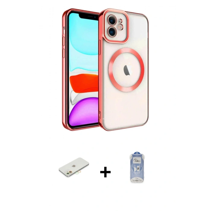 ieg™ iPhone 11 Kılıf Nova Işık Özel Seri - Siyah Joko Magic 5D Cam + Turuncu Renkli Kamera Lens Koruma Cam
