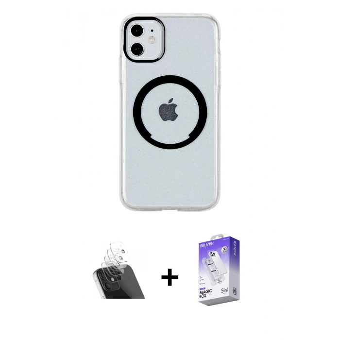 ieg™ iPhone 11 Kılıf Pusula Form - Siyah Bilvis 5in1 3D Magic Cam Ekran Koruyucu + Şeffaf Kamera Lens Koruma Cam