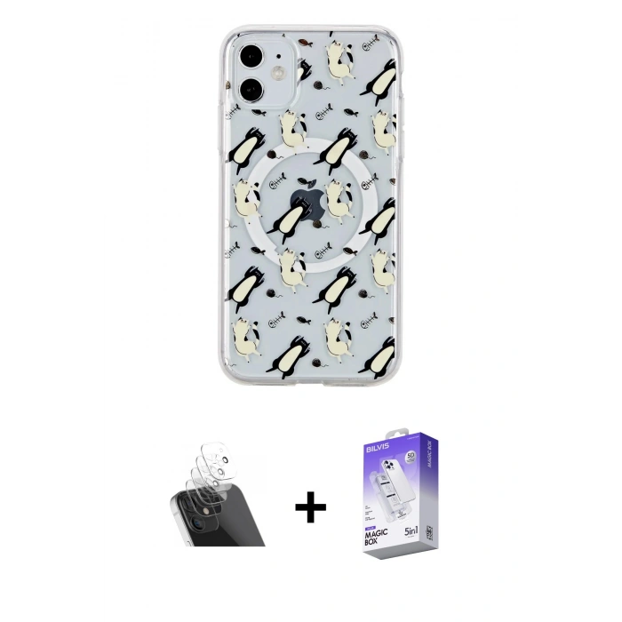 ieg™ iPhone 11 Kılıf Pusula Form - Siyah Bilvis 5in1 3D Magic Cam Ekran Koruyucu + Şeffaf Kamera Lens Koruma Cam