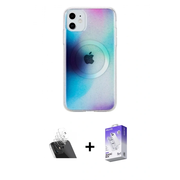 ieg™ iPhone 11 Kılıf Pusula Form - Siyah Bilvis 5in1 3D Magic Cam Ekran Koruyucu + Şeffaf Kamera Lens Koruma Cam