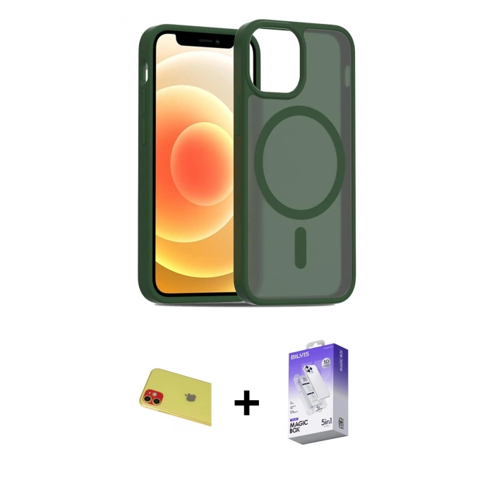 ieg™ iPhone 11 Kılıf Siluet Minimal Prime - Siyah Bilvis 5in1 3D Magic Cam Ekran Koruyucu + Kırmızı Rainbow Kamera Lens Koruma Cam
