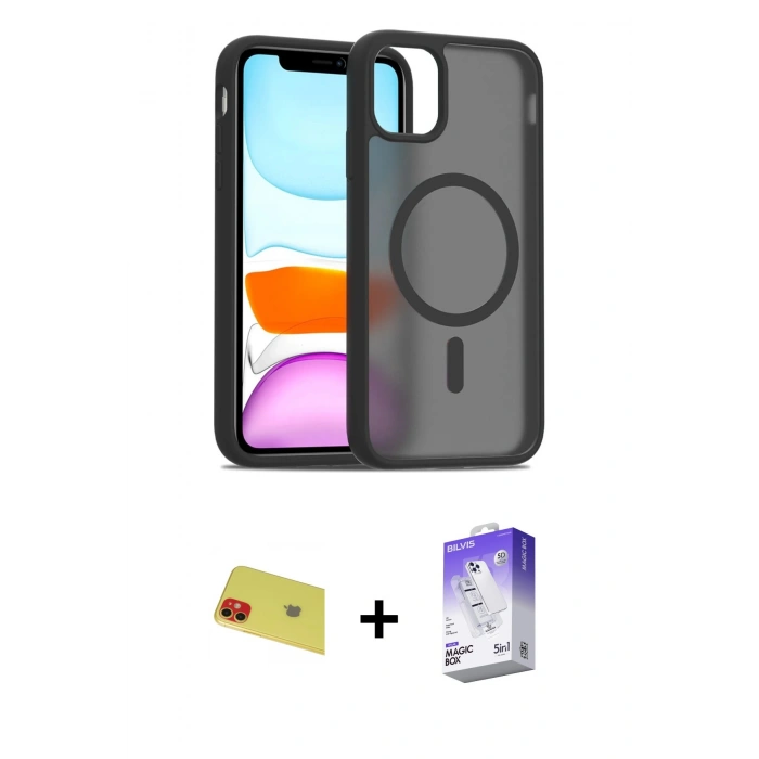 ieg™ iPhone 11 Kılıf Siluet Minimal Prime - Siyah Bilvis 5in1 3D Magic Cam Ekran Koruyucu + Kırmızı Rainbow Kamera Lens Koruma Cam