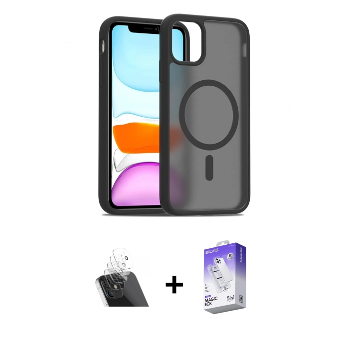 ieg™ iPhone 11 Kılıf Siluet Minimal Prime - Siyah Bilvis 5in1 3D Magic Cam Ekran Koruyucu + Şeffaf Kamera Lens Koruma Cam