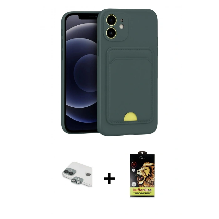 ieg™ iPhone 11 Kılıf Vadi Çizgi Prime - Siyah Buffer Cam Ekran Koruyucu + Yeşil Pers Alüminyum Kamera Lens