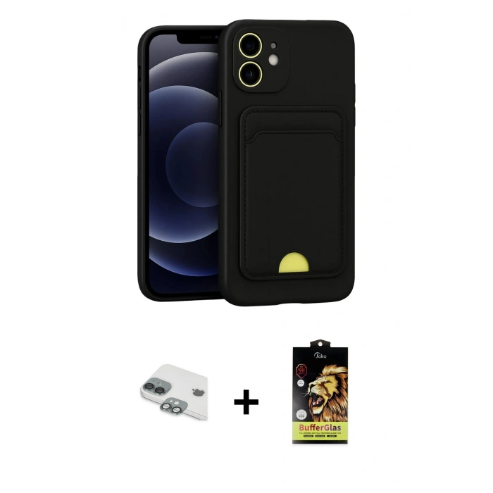 ieg™ iPhone 11 Kılıf Vadi Çizgi Prime - Siyah Buffer Cam Ekran Koruyucu + Yeşil Pers Alüminyum Kamera Lens