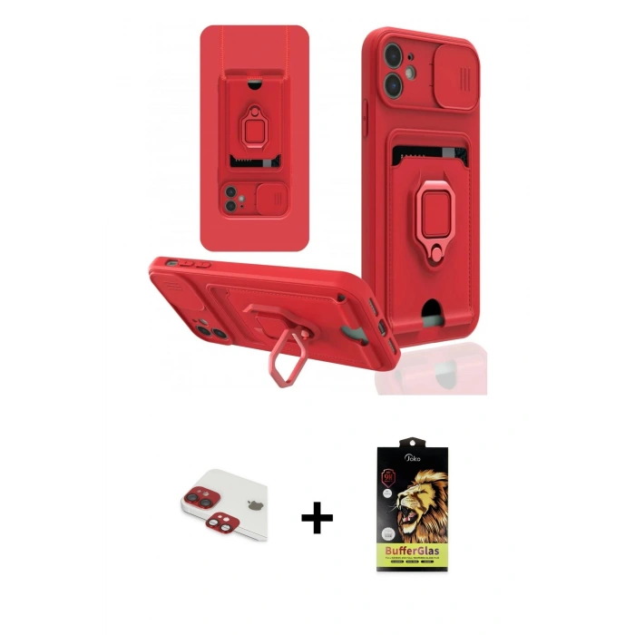 ieg™ iPhone 11 Kılıf Vadi Form Prime - Siyah Buffer Cam Ekran Koruyucu + Kırmızı Pers Alüminyum Kamera Lens